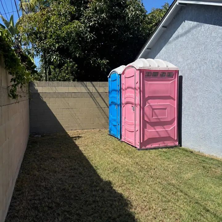 Blue and pink porta potties on a backyard lawn beside a house