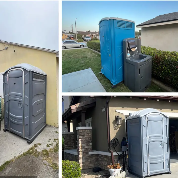 Collage of porta potties placed beside homes and driveways